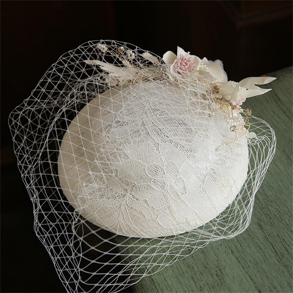 ADSRB French White Beaded Mesh Top Hat Sen Wedding Hat