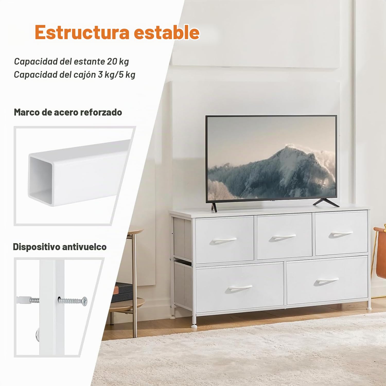 DUMOS Cómoda con cajones, cómoda y aparador para Dormitorio, Armario de 5 cajones, cómoda de Tela con Marco de Acero, Armario pequeño, Ideal para Pasillo, salón (Blanco)