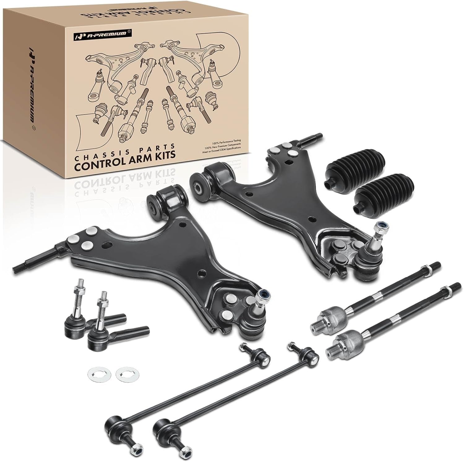 A-Premium 10pc Front Suspension Kit For Chevrolet Traverse 09-17, GMC Acadia 07-16, Buick Enclave 08-17, Saturn Outlook 07-10; Front Lower Control Arm, Inner & Outer Tie Rod End, Sway Bar Link
