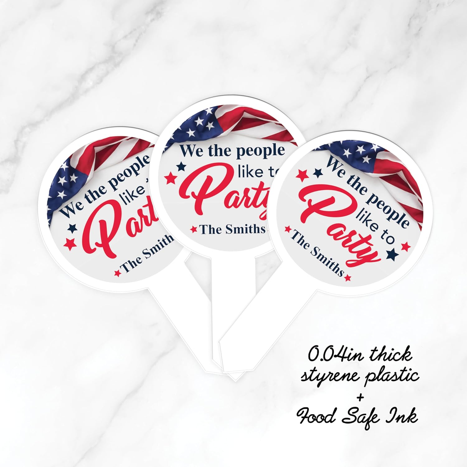 Custom Patriotic Cupcake Toppers, 2x4 Inches, Solid Plastic Personalized America Party Cupcake Toppers, We The People Like To Party July 4th Cupcake Topper Dessert Picks (25)