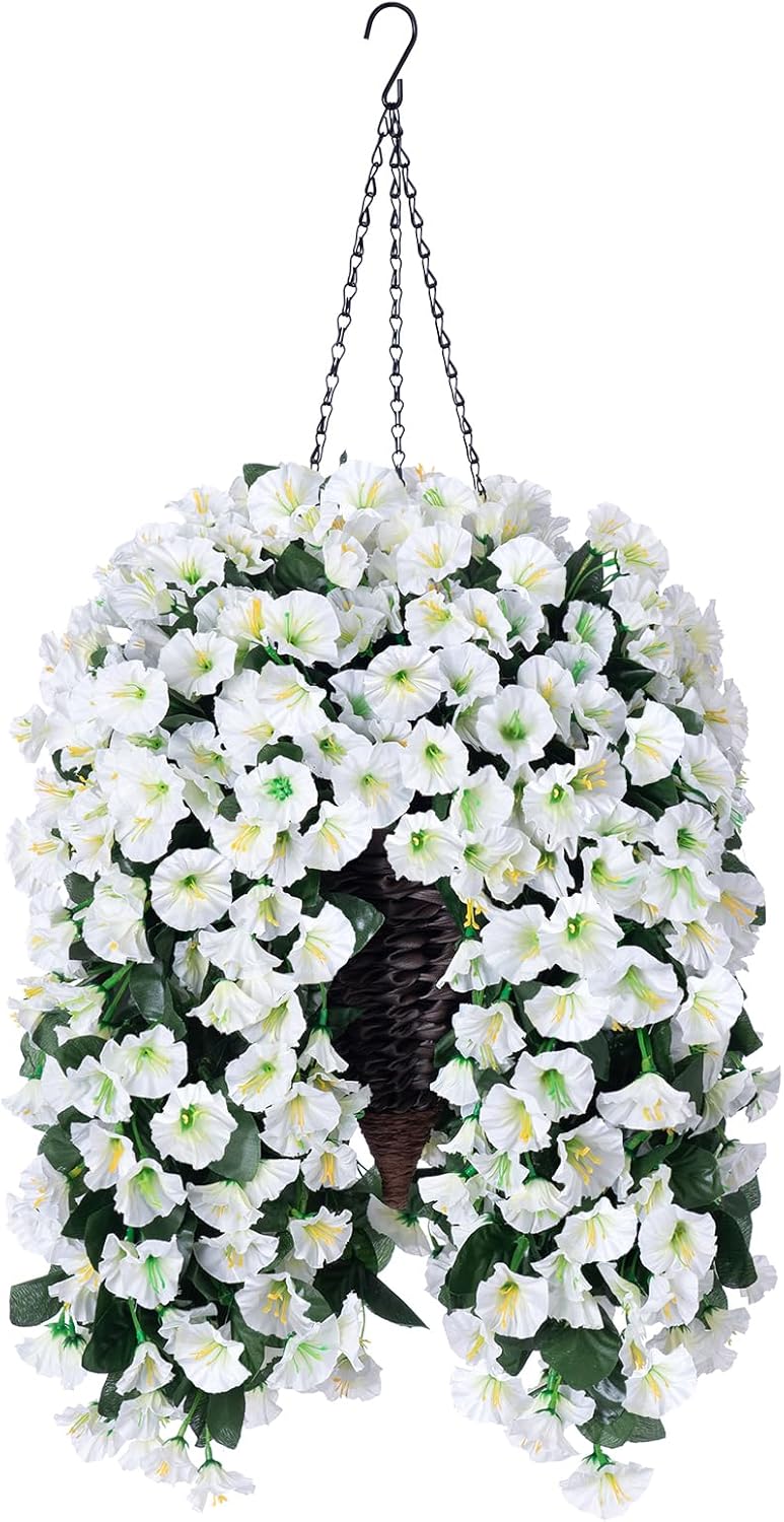 Artificial Fake Flowers Plants Hanging Baskets for Outdoor Outside Winter Christmas Decor, Faux Silk Hanging White Morning Glory Trailing Vines UV Resistant for Porch Patio Home Decoration - Image 6