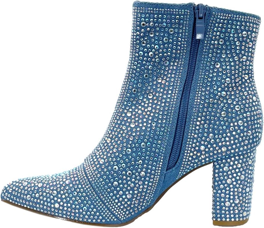 ABSOLEX Women Pointed Toe Rhinestone Block Medium Heel Ankle Booties, Blue Denim, 6.5 - Image 4