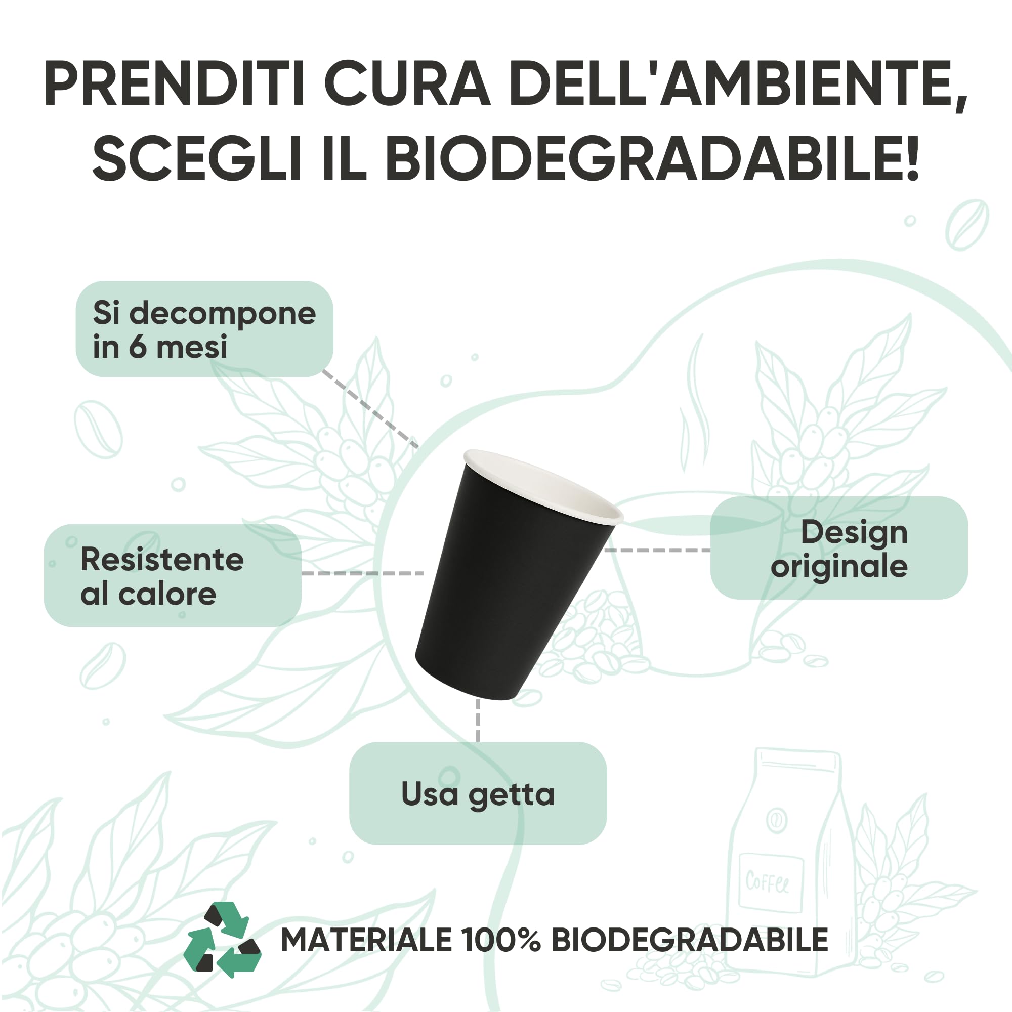 ecodrinks - 1000 Bicchieri Carta Nero da 360ml - Per Acqua, Cocktail, Bevande Calde e Fredde - Biodegradabili, Eco-friendly e Made in Italy