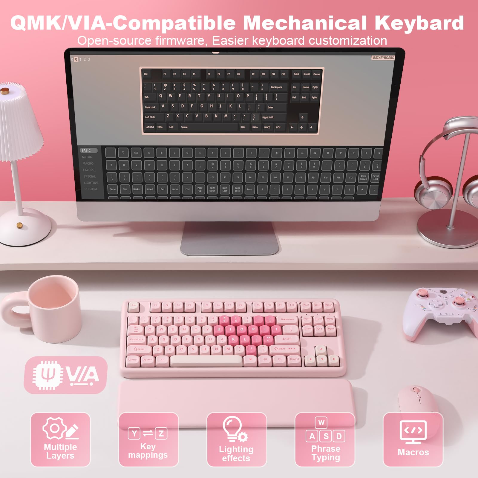 YUNZII B87 Teclado Mecánico Inalámbrico, QMK/Via Custom Teclado de Juego TKL Diseños,BT/2.4G/USB-C Teclado Enchufable En Caliente, Teclado RGB con Wrist Rest para Win/Mac (Pink, Cocoa Cream v2)