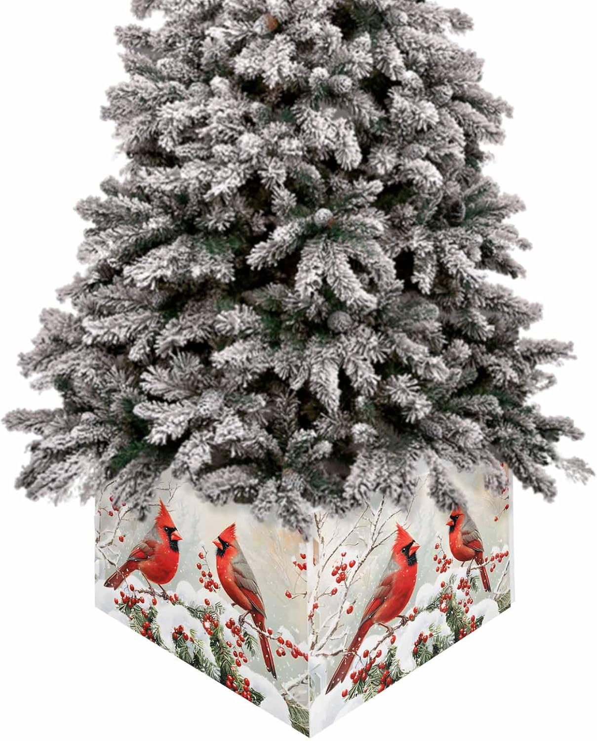 Christmas Tree Skirt Collar Cardinals Birds Tree Skirts Foldable Tree Mat Pine Tree Red Berry Xmas Tree Ring Stand Base Cover for Christmas Ornaments Holiday Party Decor Gifts 6PCS 17"x10"