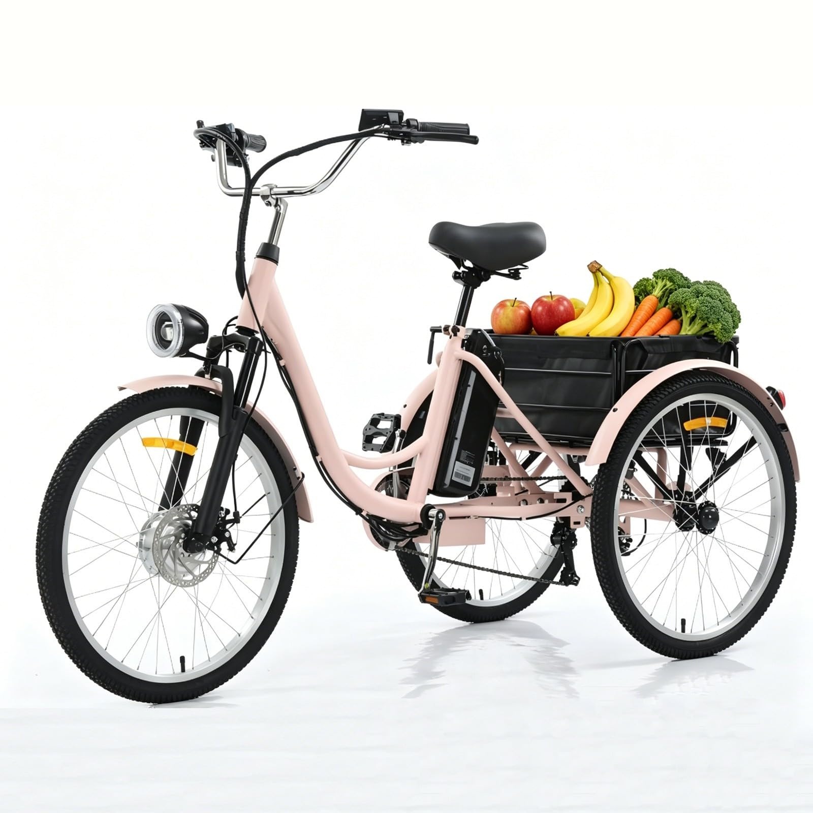Tricycle électrique motorisé à 3 Roues Mobility pour Adultes et Seniors, 61 x 5 cm, Batterie Amovible 36 V/13 Ah, Panier Avant, Porte-Bagages arrière, Orange