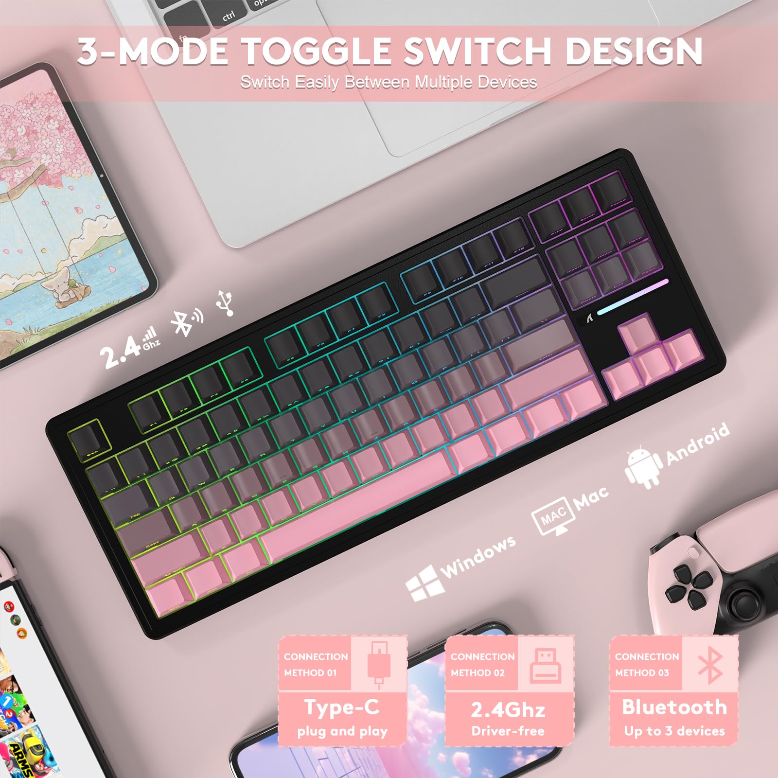LexonElec x Attack Shark M87 Wireless Gaming Keyboard, BT y 2,4G y Cable, QWERTY 75% RGB Teclado Mecánico, Hot-Swap Interruptor Lineal, Teclas PBT Degradado con Impresión Lateral - Negro/Rosa