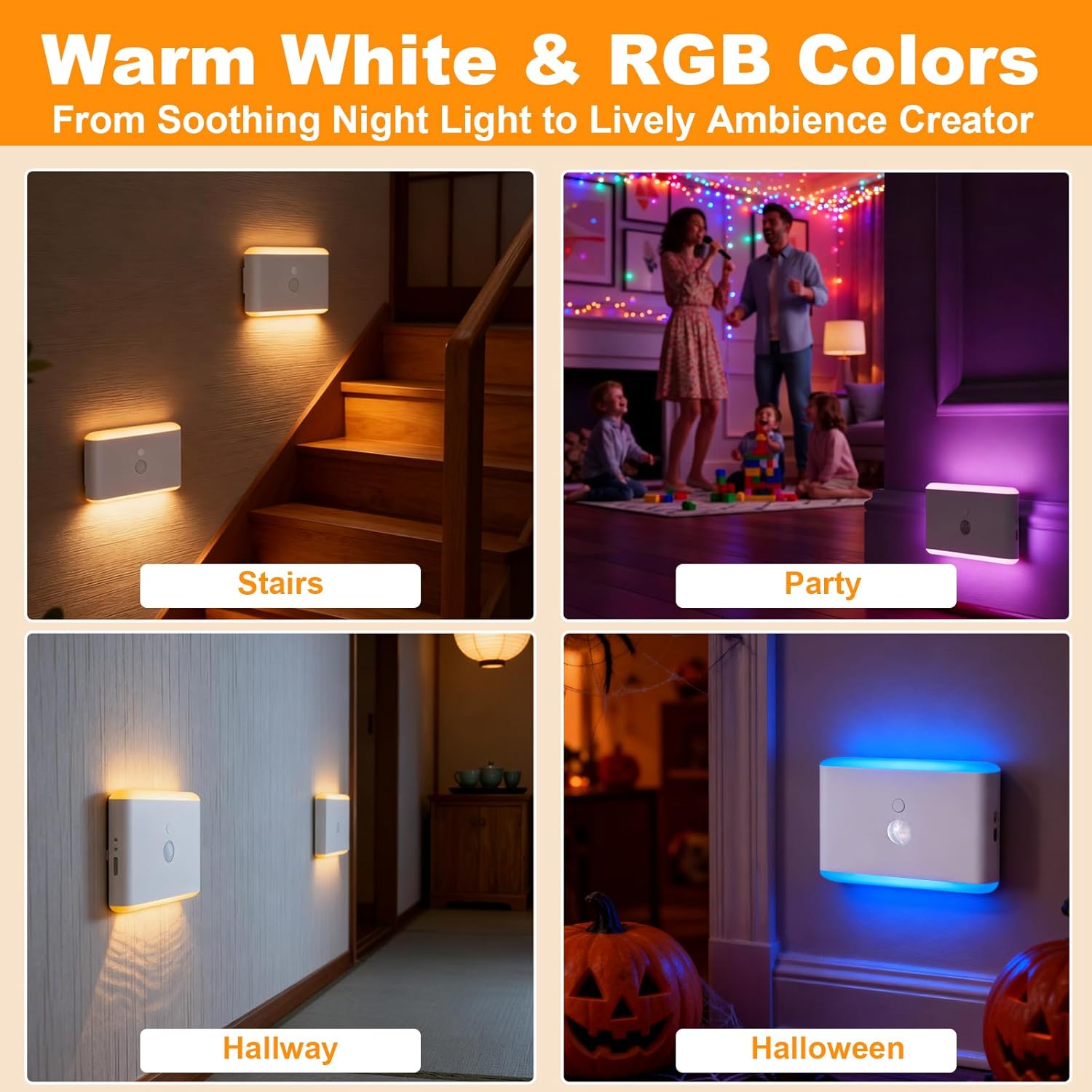 Motion Sensor Night Light 2-Pack, Long-Lasting Rechargeable Magnetic LED Nightlight, Warm & RGB Soft Dimmable, Wireless USB Auto Sensor Lights for Indoor Bedroom, Bathroom, Hallway, Stairs