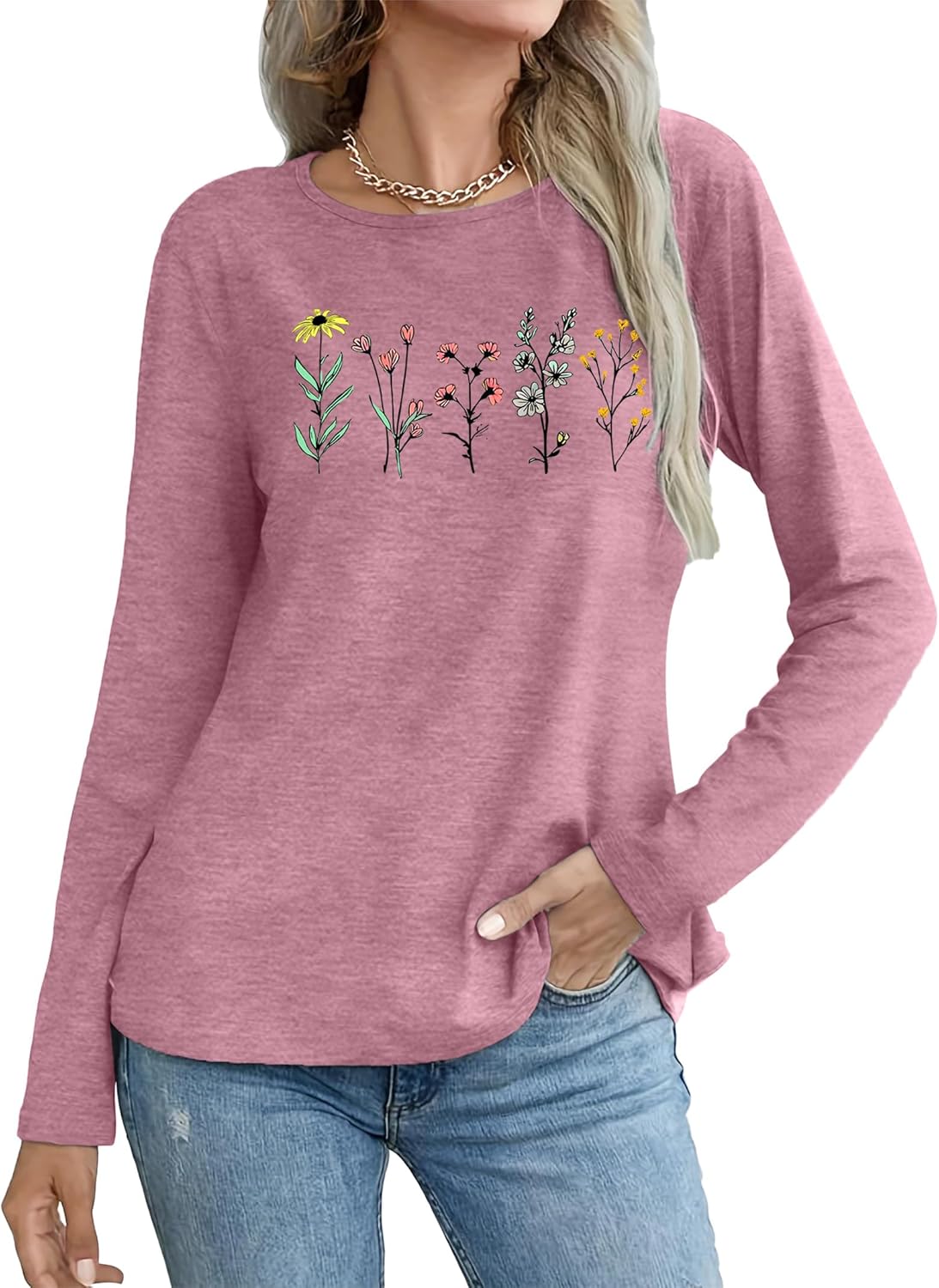 Women's Vintage Floral Long Sleeve T Shirt Boho Floral Printed Shirt Wildflower Graphic Tee Casual Tops - Image 2