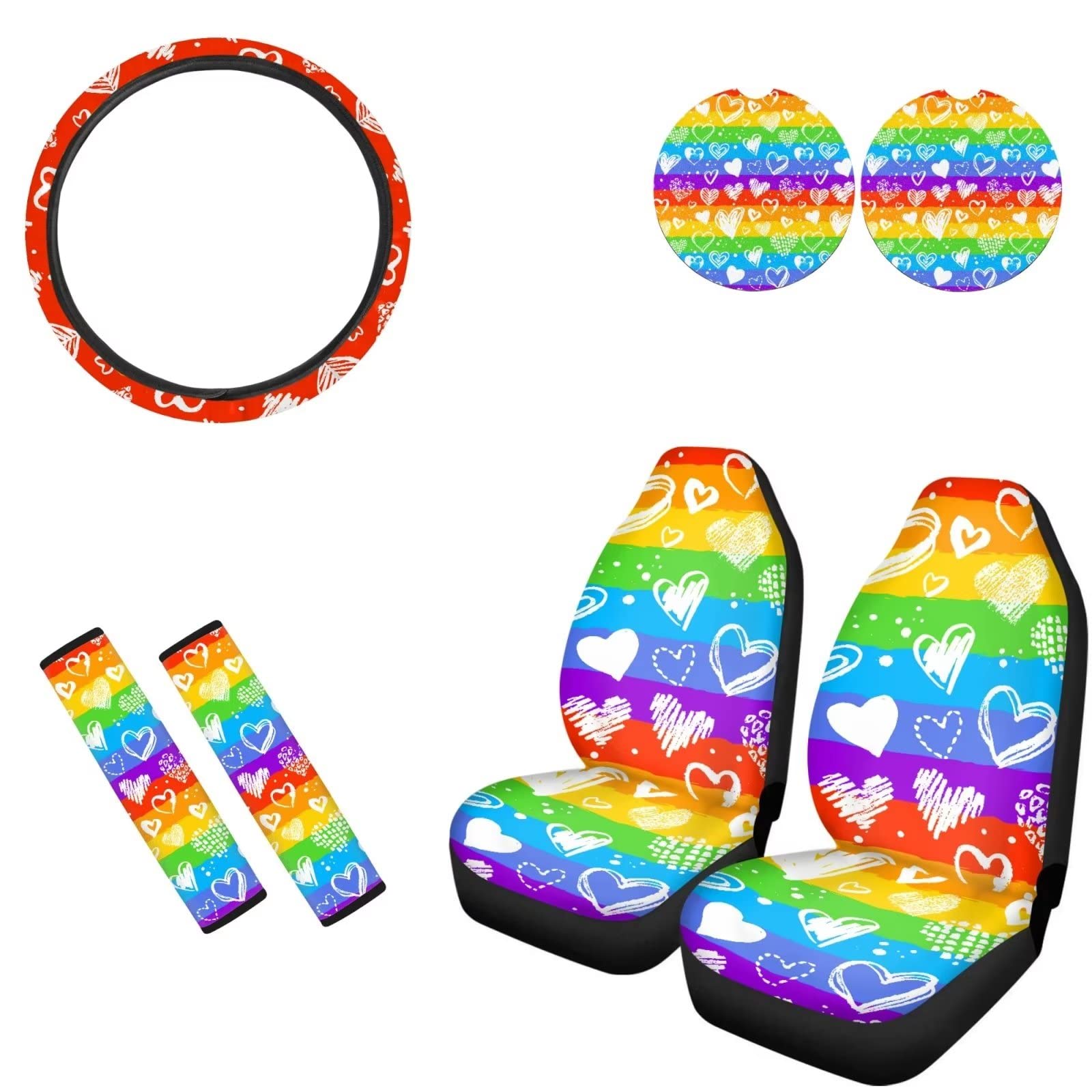 Binienty Rainbow Love Coprisedili per auto Secchio con coprivolante Coprisedile di sicurezza Beld Pads Copertura portabicchieri Sottobicchieri Set 7 Pezzi Universale Fit Auto Decorazioni