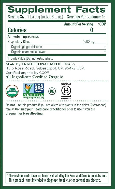 Traditional Medicinal Organic Ginger with Chamomile Tea - 16 Bags