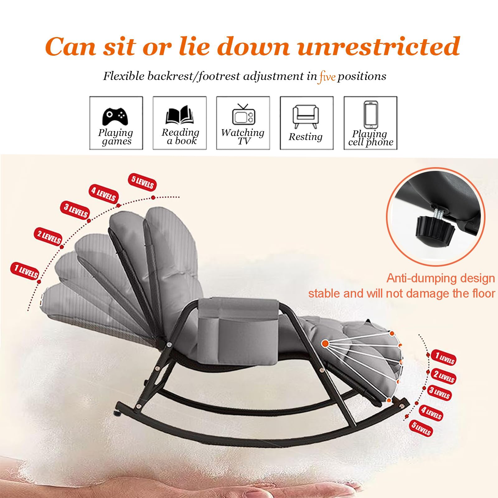 Rocking Chair, Dossier et Pied réglable, Tissu Résistant aux Griffes, Cadre en Acier Carbone, pour Intérieur et Extérieur, Gris & Orange, 93x111x50 cm, Charge Maximale 250 kg(Color:Gris)