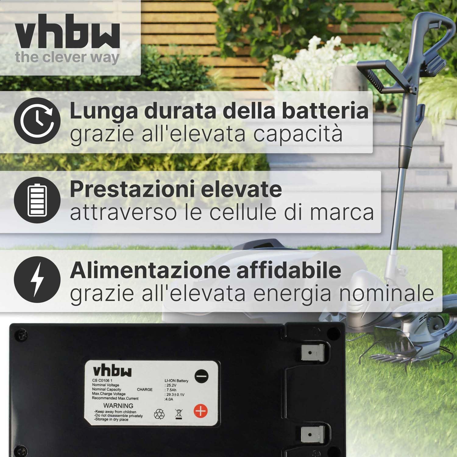 vhbw batteria sostituisce Zucchetti CS-C0106-1, CSC0106/1 per robot tagliaerba 7,5Ah 25,2V Li-Ion