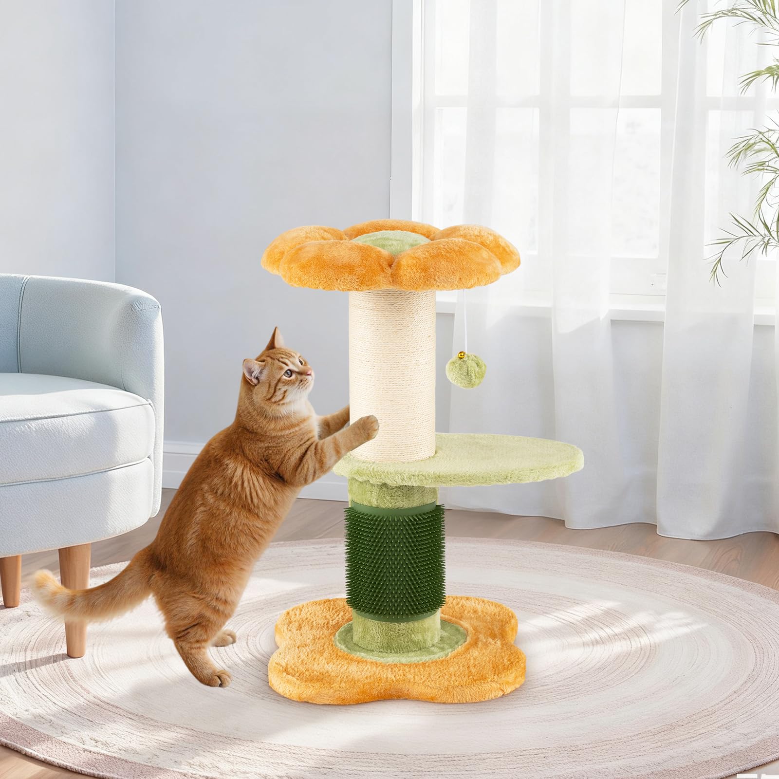 COSTWAY Árbol Rascador para Gatos 60cm, Diseño Flores, Torre Pequeña para Gatitos con Cama Acolchada de Tela Plush, Poste Rascador de Sisal, Bola Colgante, Árbol Pequño para Gatos, Interior (Amarillo)