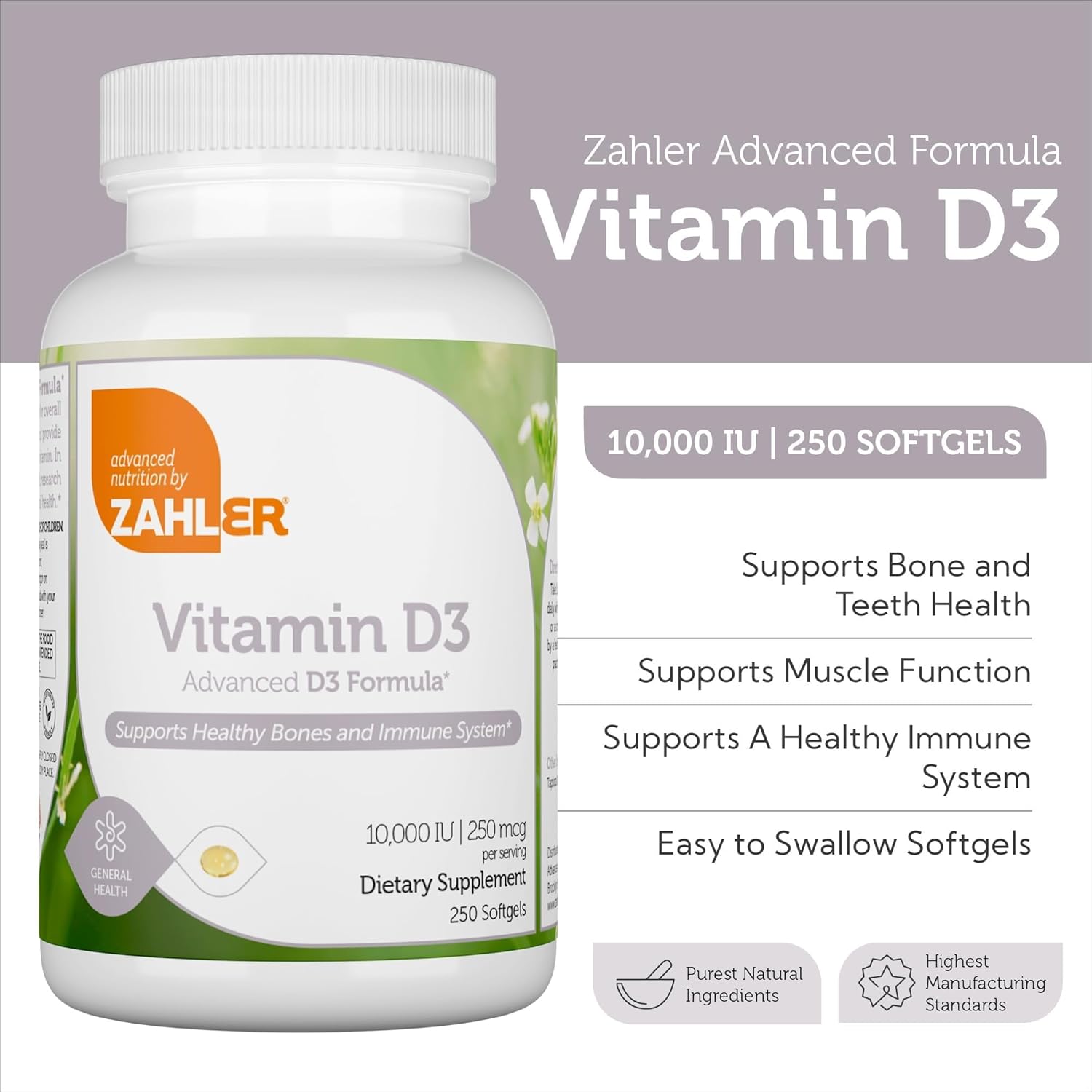 Zahler - Advanced Vitamin D3 10,000 IU Softgels (250 Count) Kosher Vegetarian Friendly Vitamin D for Immune Support, Bone, Teeth & Muscle Health - Easy Swallow VIT D 3