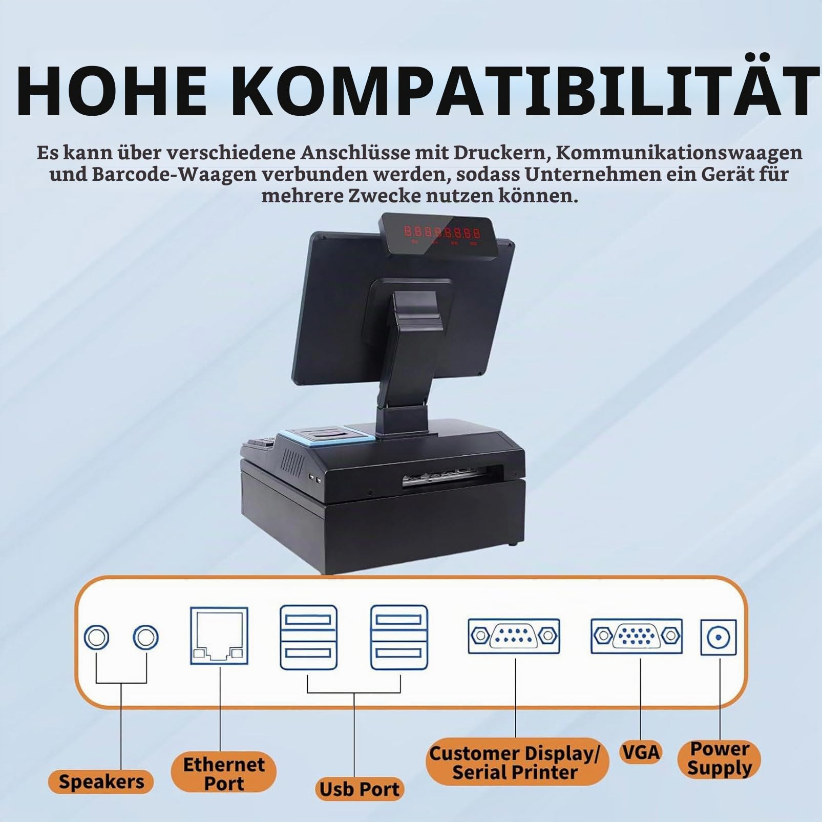 14-Zoll-All-in-One-Kassensystem, POS-Kasse mit Touchscreen, Verstellbarer Winkel, Eingebaut 58-mm-Drucker, 4 GB RAM, 64 GB SSD, Smarte Kasse für Kleine Unternehmen und Restaurants Blue