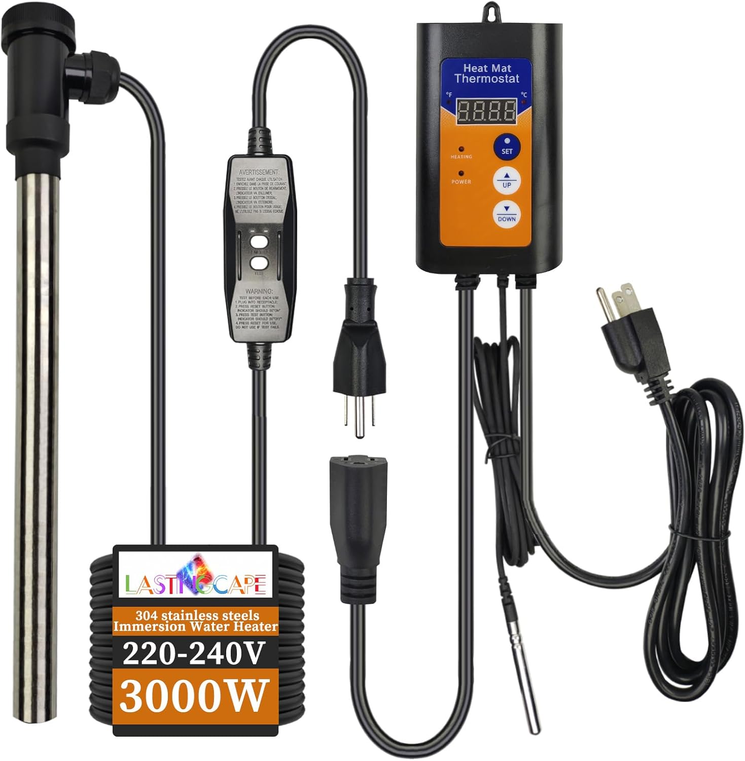 240V 3000W Fully Submersible Electric Portable Hot Tub & Large Pool immersion Water Heater with Temperature Control, GFCI Leakage Protection for Bathtubs, Baptismal, Buckets, Swimming Pool