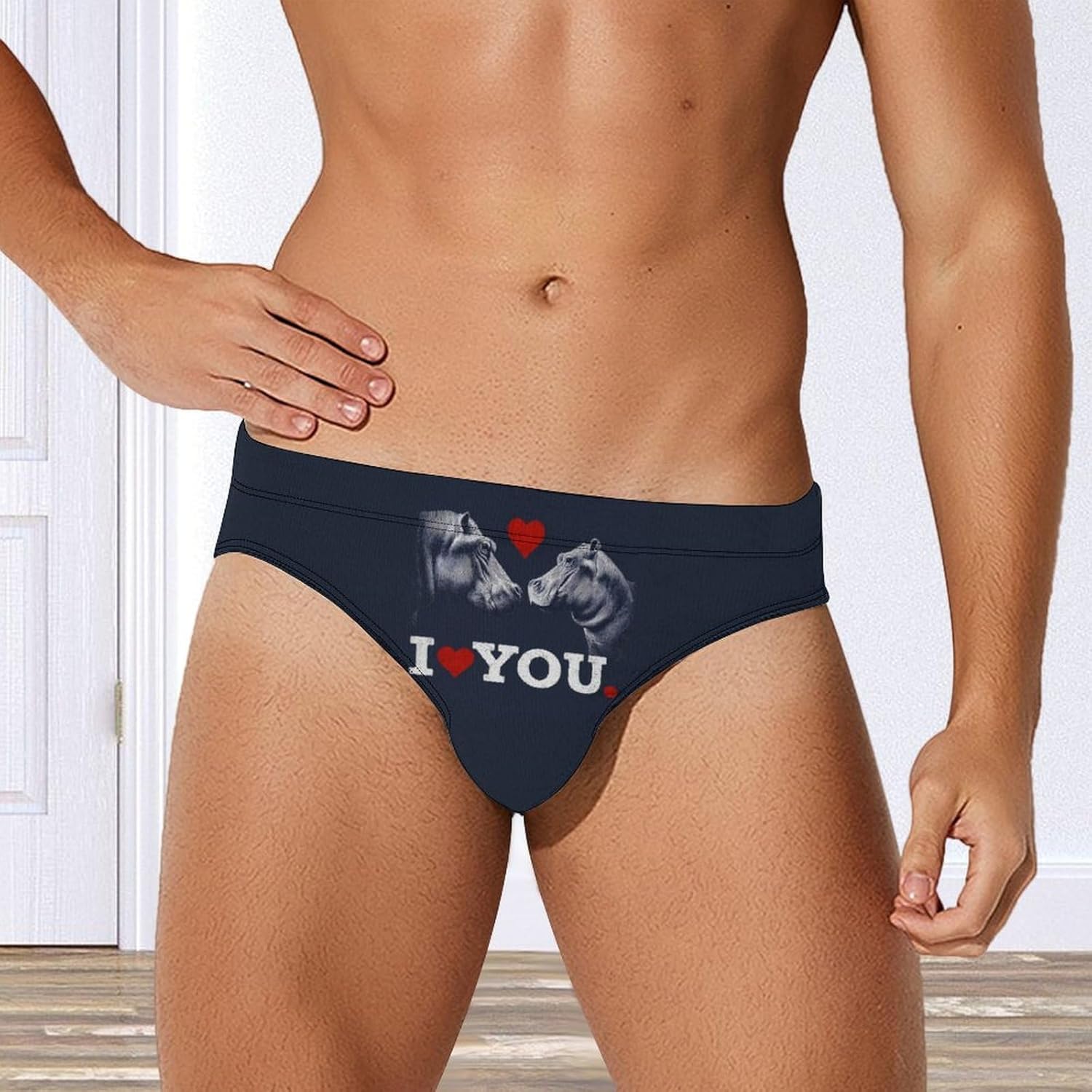 I Love You Hippo Print Men's Swimsuit Brief Sexy Bikini Briefs Retro Printed Swimwear Quick Dry Swimming Trunks 3X-Large