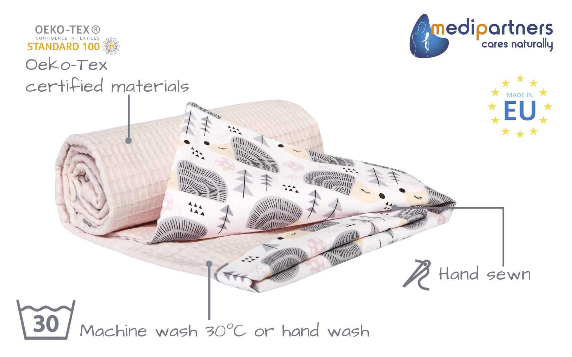 Medi Partners Baby Blanket Newborn Pram Soft 100% Cotton 75x100 Cot Toddler Comfort universal Cuddly Fluffy Crawling Plush bilateral Blankets (Hedgehogs With Light Pink Waffle) - Image 2