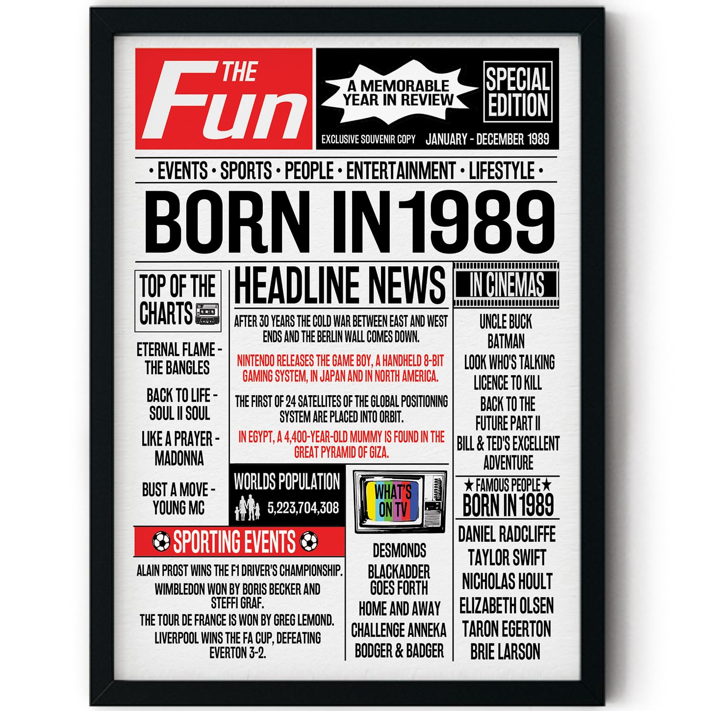 Stuff4 Men's 1989 37Th Birthday Poster Framed - Born In Newspaper - Happy 37Th Birthday Gifts For Wo Vintage Retro Back In 8X10 Inch Bday Party Decor Decoration