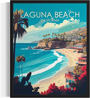 Laguna Beach California Poster Art Print, Retro City Mountain and Lake Landscape Artwork, Wall Art Vintage Decor Picture For Bedroom Office Home Decor 64 (Laguna Beach California, 8 x 10 inches, Unframed)