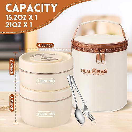 Miniatura 10 de Dandat 2 recipientes aislados para el almuerzo, caja térmica Bento con bolsa, tenedor, cuchillo, lonchera de acero inoxidable para microondas, 15.2