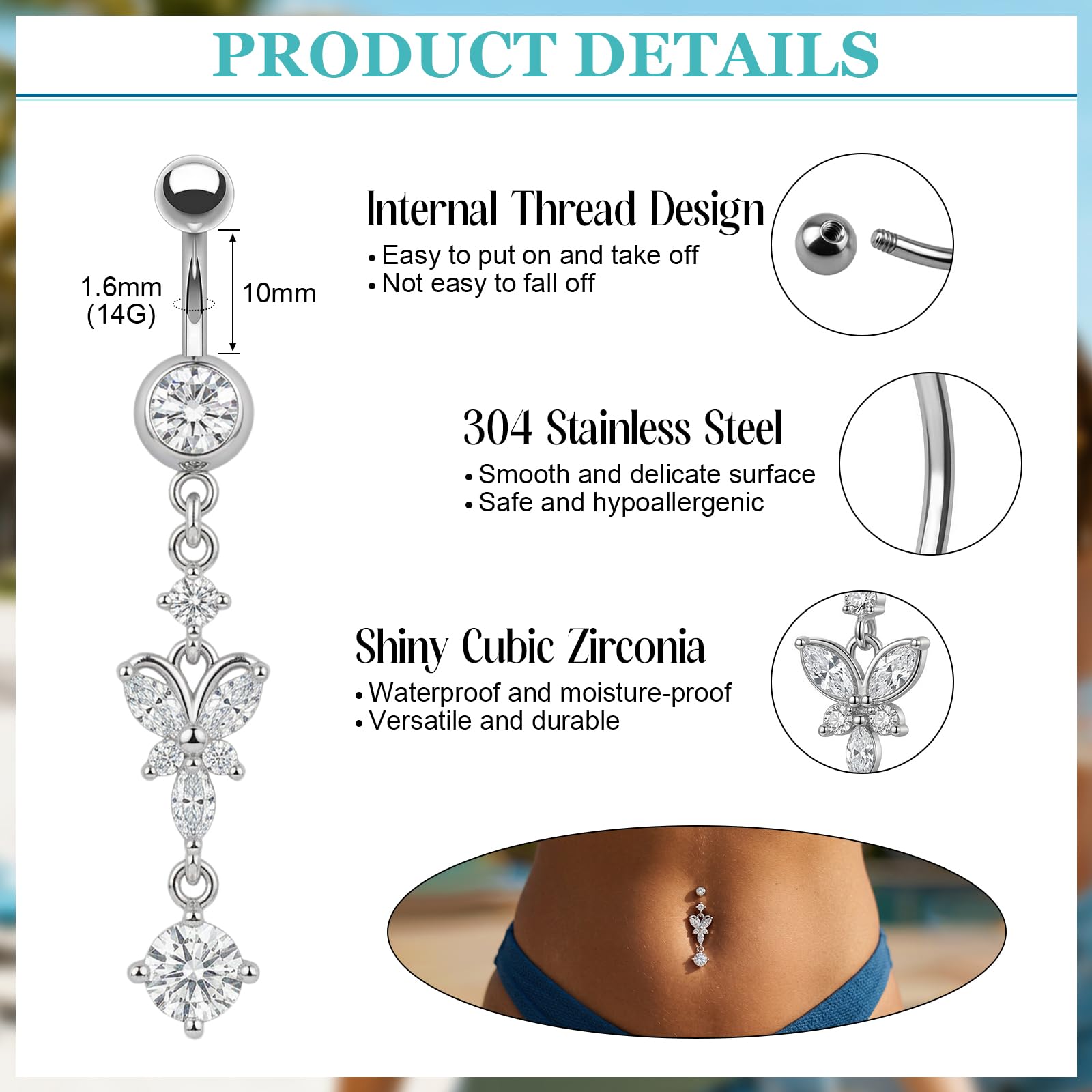 5 sztuk srebrnych kolczyków do pępka: piercing do pępka ze stali nierdzewnej 304, piercing do pępka 12 mm, długość pręcika 10 mm, kolczyk do brzucha, motyle, kwiaty, zawieszka dla kobiet i