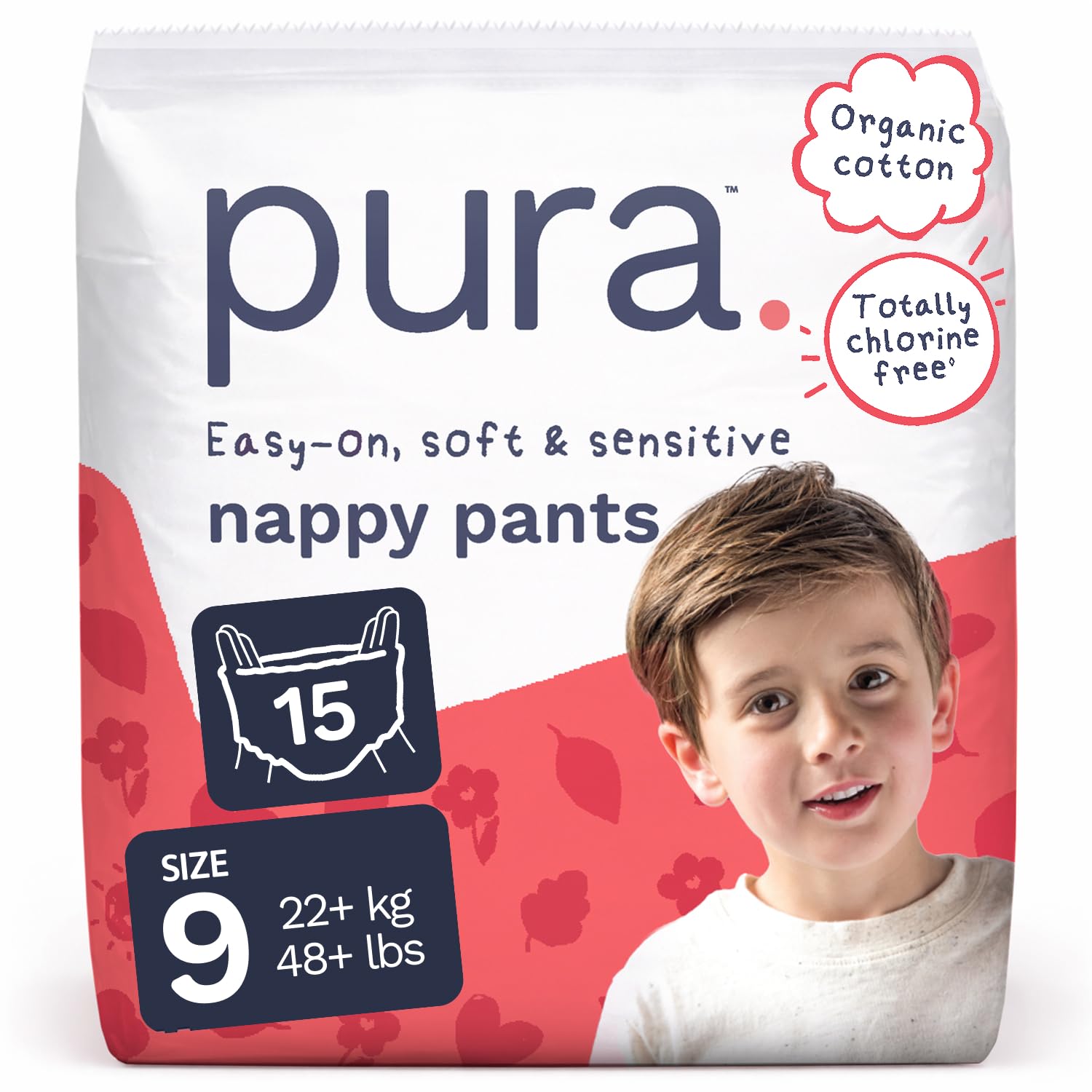 Pura Nappy Pants Size 9, 15 Count, 22+kg/48+lbs, 360° Stretch Fit, Potty Training Pants for Hypoallergenic & Sensitive Skin, Up to 12 Hours Overnight Leak Protection, Totally Chlorine Free