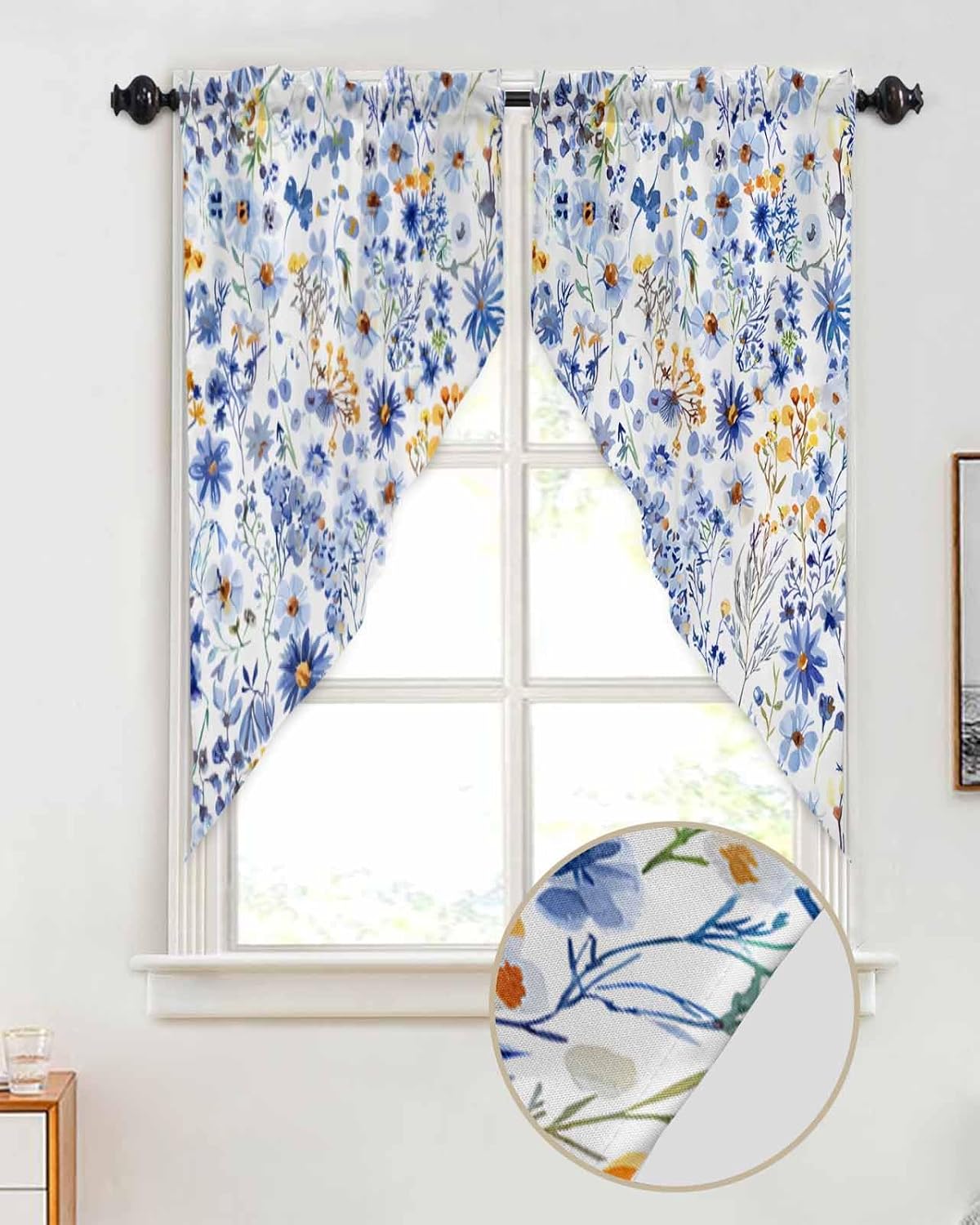 Plants Swag Valance Curtains, Farmhouse Blue Yellow Wild Flowers Rod Pocket Kitchen Valance Scalloped Swag Curtains for Living Room Bathroom Window, 36" W x 36" L