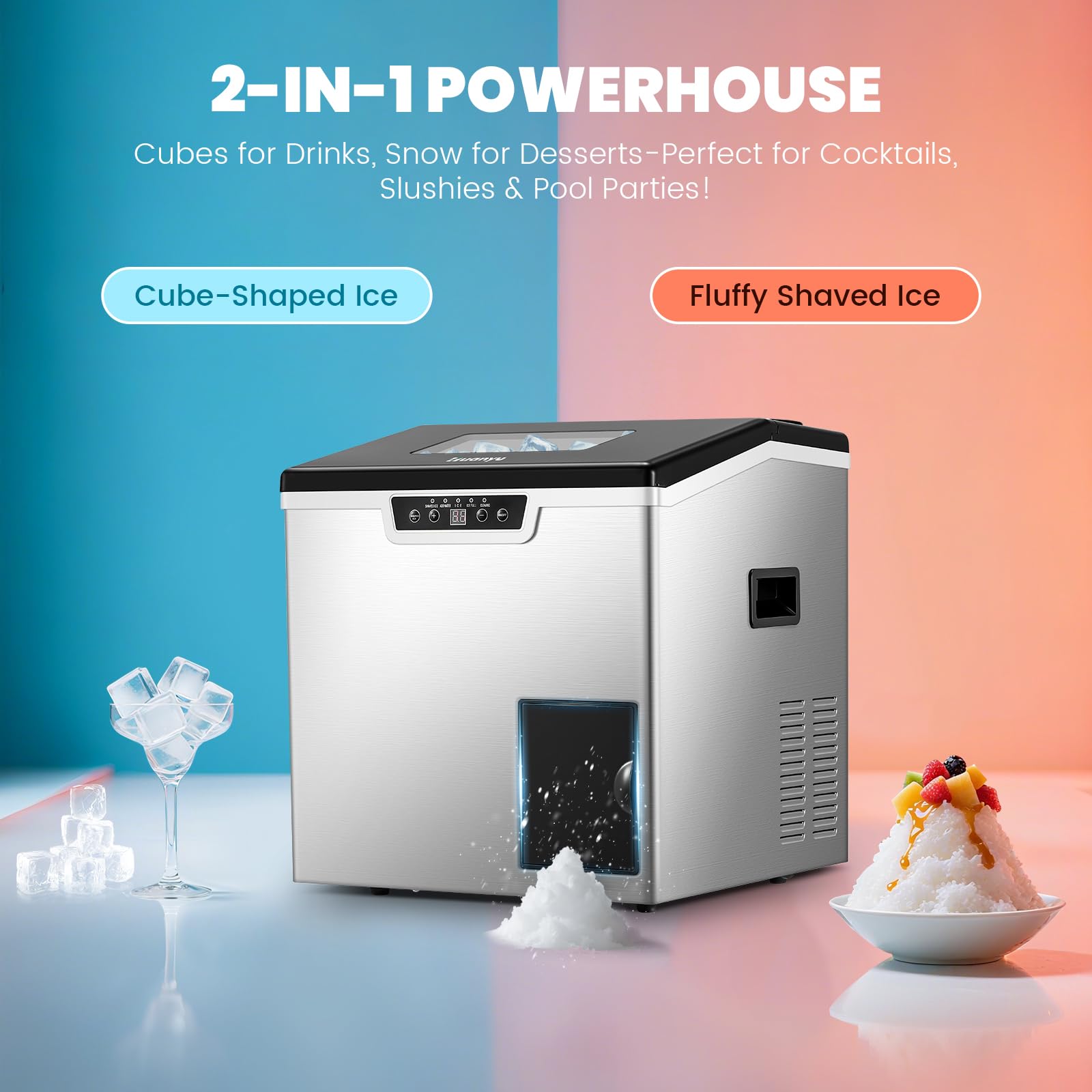 Huanyu Commercial Ice Maker Ice Crusher 2 in 1 Ice Maker e Shaver Machine, 20 kg/Day High Output, 3 modalità di fornitura d'acqua, spessore del ghiaccio regolabile, auto-pulizia automatica