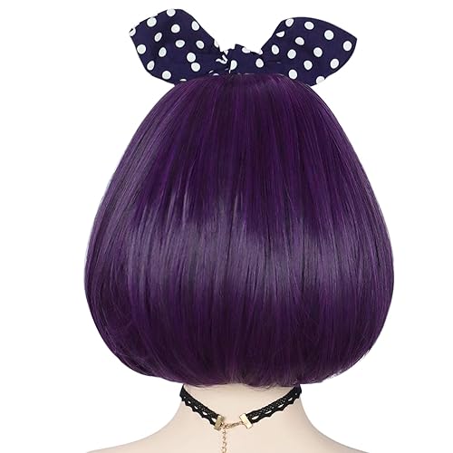 Miniatura 3 de ANOGOL Juego de 4 piezas de peluca corta morada 1 parche de ojos 1 diadema de lazo 1 gorra de cabello con flequillo peluca de cosplay púrpura