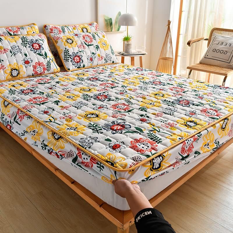 Cubrecolchón permeable al aire, funda de colchón acolchada gruesa para cama King Queen acolchada (color estilo 8, tamaño 2 fundas de almohada)