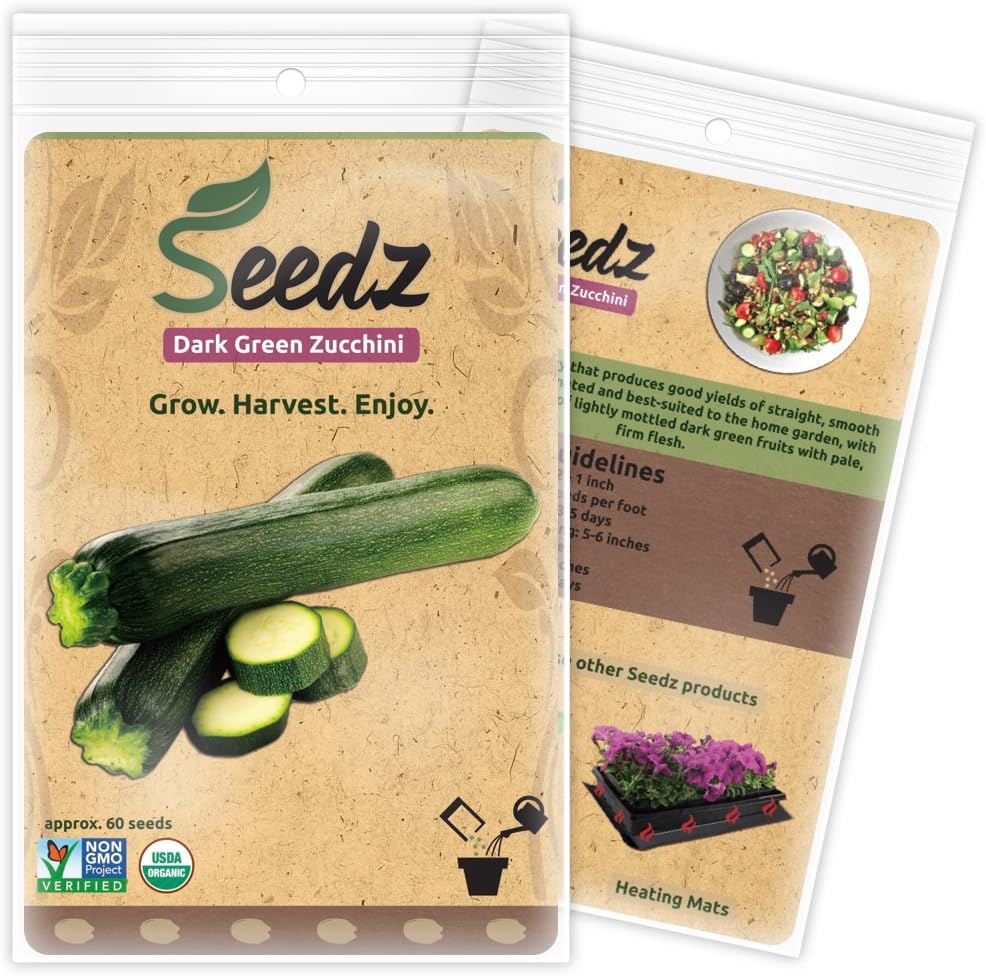 Organic Zucchini Seeds, APPR. 60, Dark Green Zucchini Squash, Heirloom Vegetable Seeds, Certified Organic, Non GMO, Non Hybrid, USA