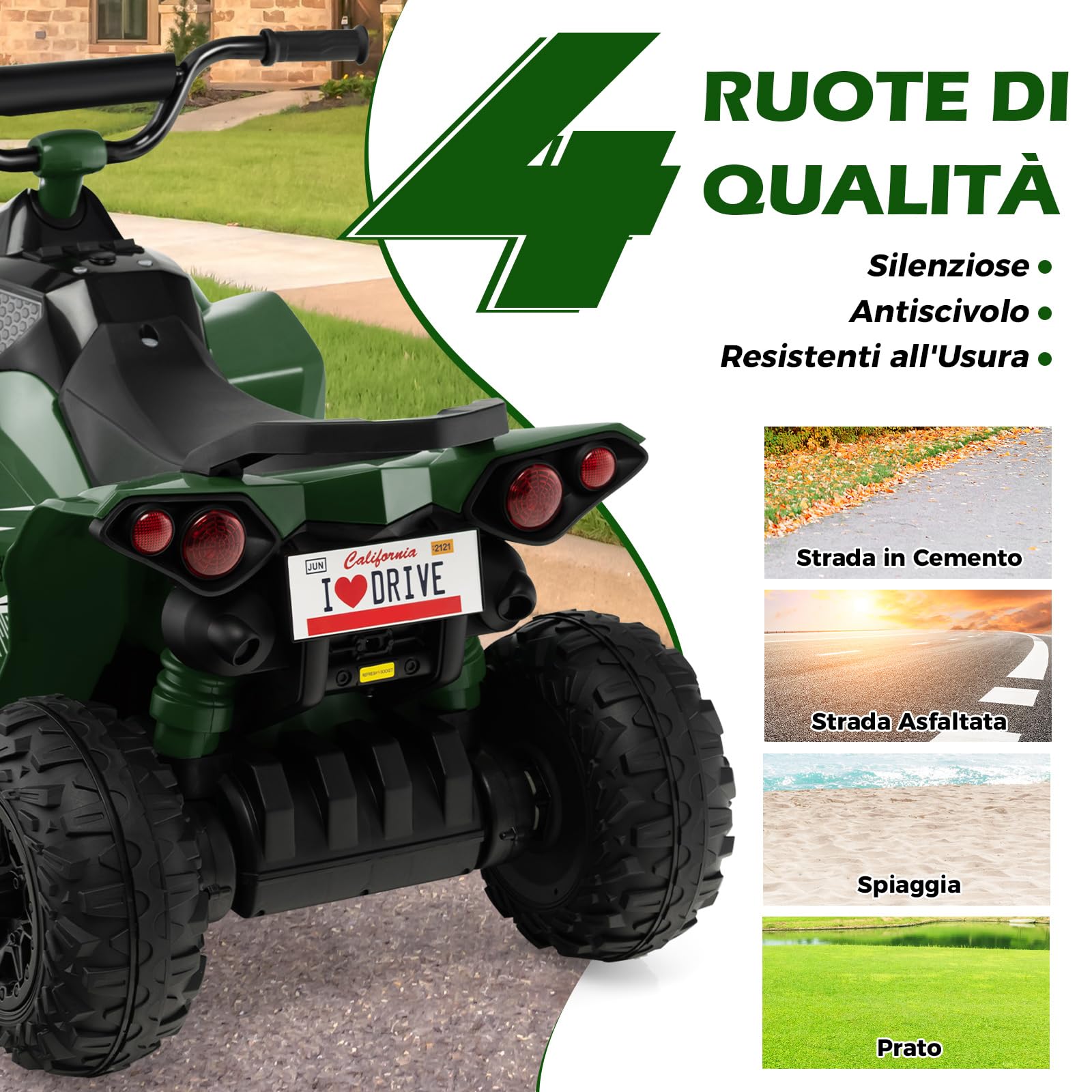 COSTWAY 12V Quad Elettrico per Bambini 3 Anni+, 3-5 km/h (Verde) | Macchina Elettrica con Velocità Alta/Bassa, Sedile Comodo Fari Corno e Musica, Auto Elettrica Cavalcabile