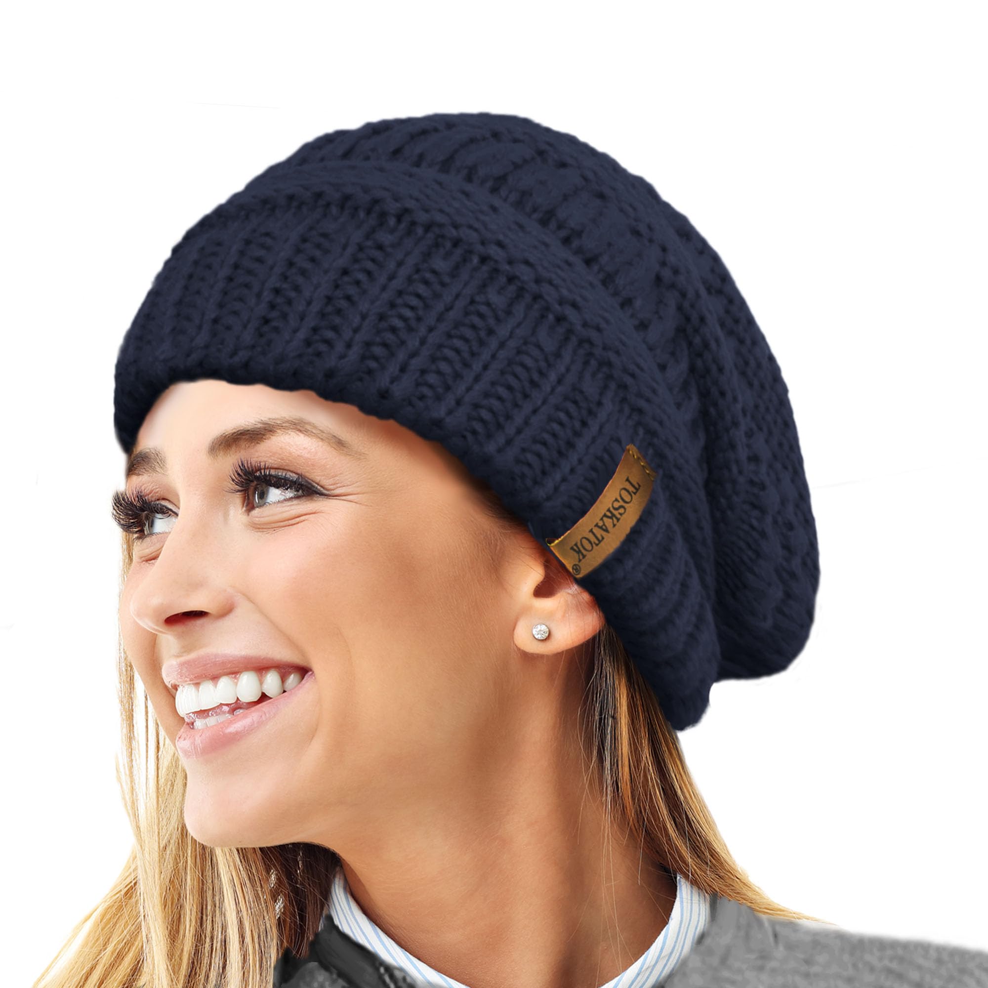 Toskatok Women's Navy Warm Slouch Knit Winter Beanie Hat With Supersoft Velour Thermal Lining Ski Cap