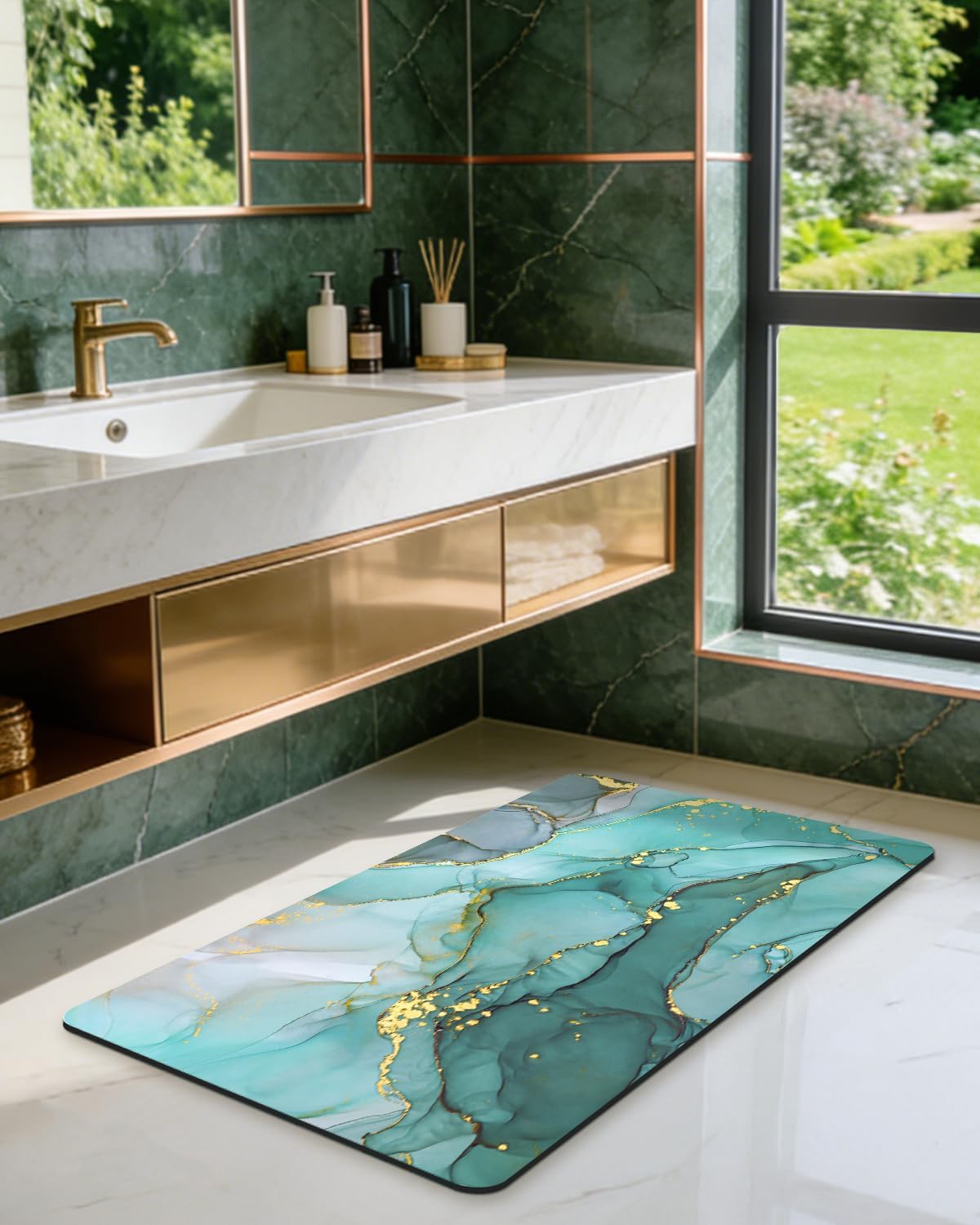 DEXI Bathroom Mat Ultra Thin, Non Slip Bath Rug for Shower Floor, Absorbent Quick Dry Marble Bathmats Low Profile, 17x32, Turquoise Green