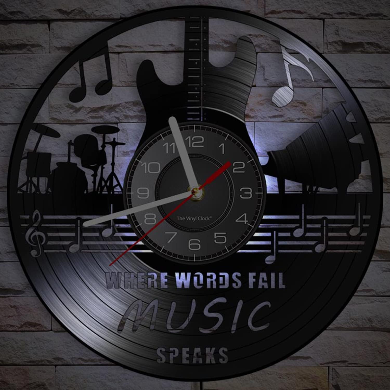 Where Words Fail Music Speaks Guitar Vinyl Record Wall Clock Silent Quartz Rock Music Decor Art Guitar Drum Piano Musical Instrument Retro Wall Watch 12'' (with LED)