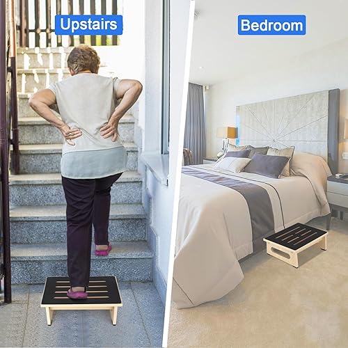 Miniatura 34 de Taburete de un solo paso para adultos mayores con superficie de goma antideslizante, taburete de madera resistente con escalones de cama de Marrón