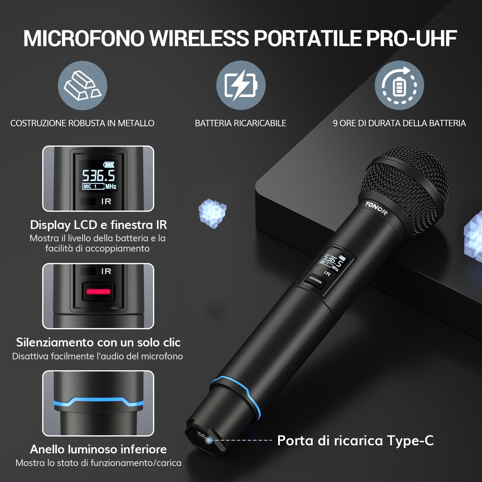 TONOR sistema microfono wireless, microfono ricaricabile professionale, microfono dinamico cordless in metallo 2x100 UHF per karaoke, chiesa, canto, matrimonio, riunione, DJ, Auto Scan, 100M, TW750