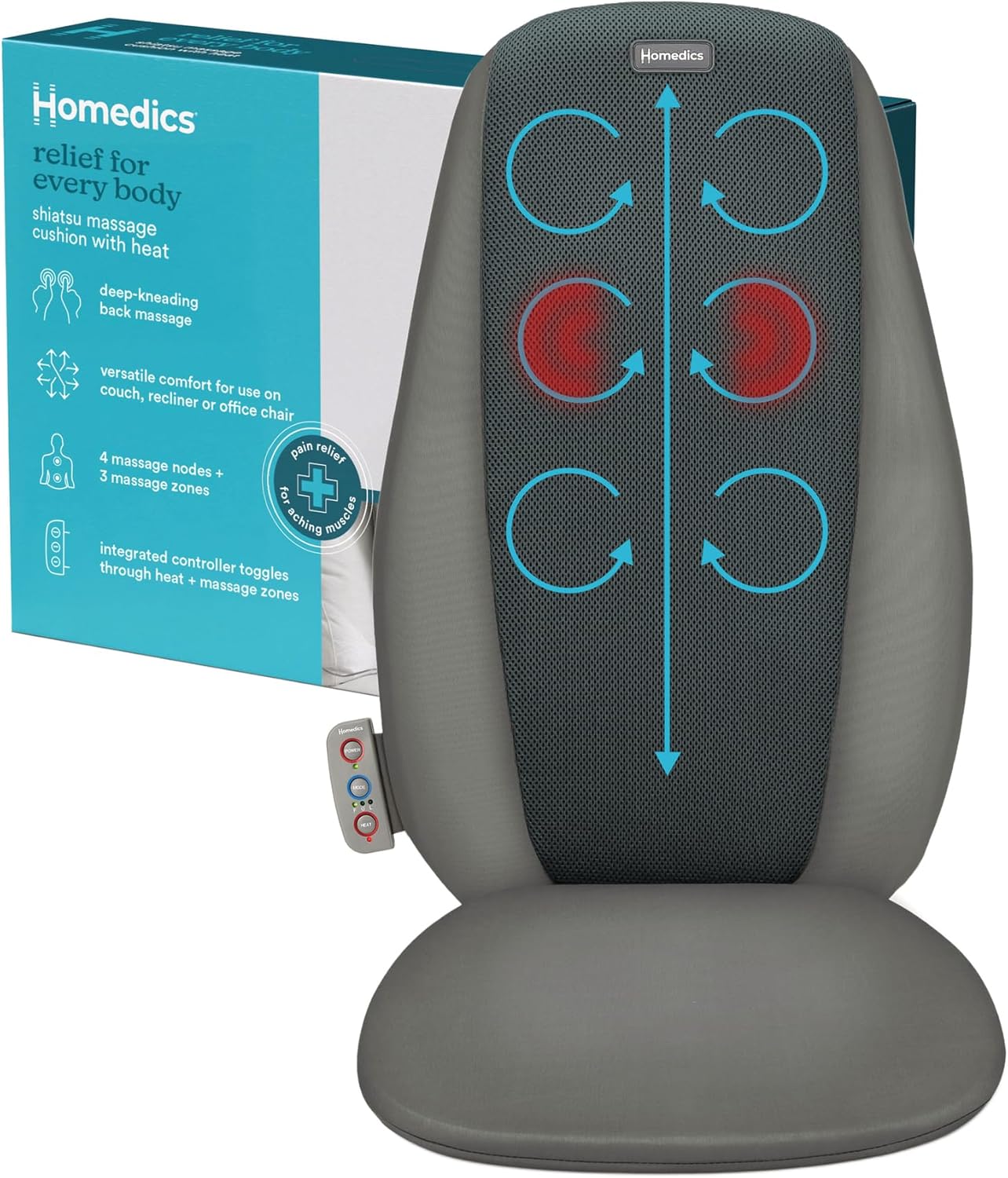 Homedics Shiatsu Back Massage Cushion with Heat, Pain Relief for Back Muscle Tension, Deep-Kneading Therapy Works Out Knots & Stiffness, 3 Massage Zones, Fits Most Chairs, for Home or Office