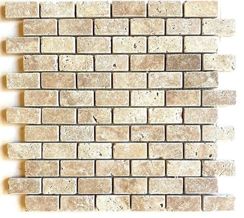 1x2 Walnut Travertine Tumbled Natural Stone Mosaic Brick Joint on