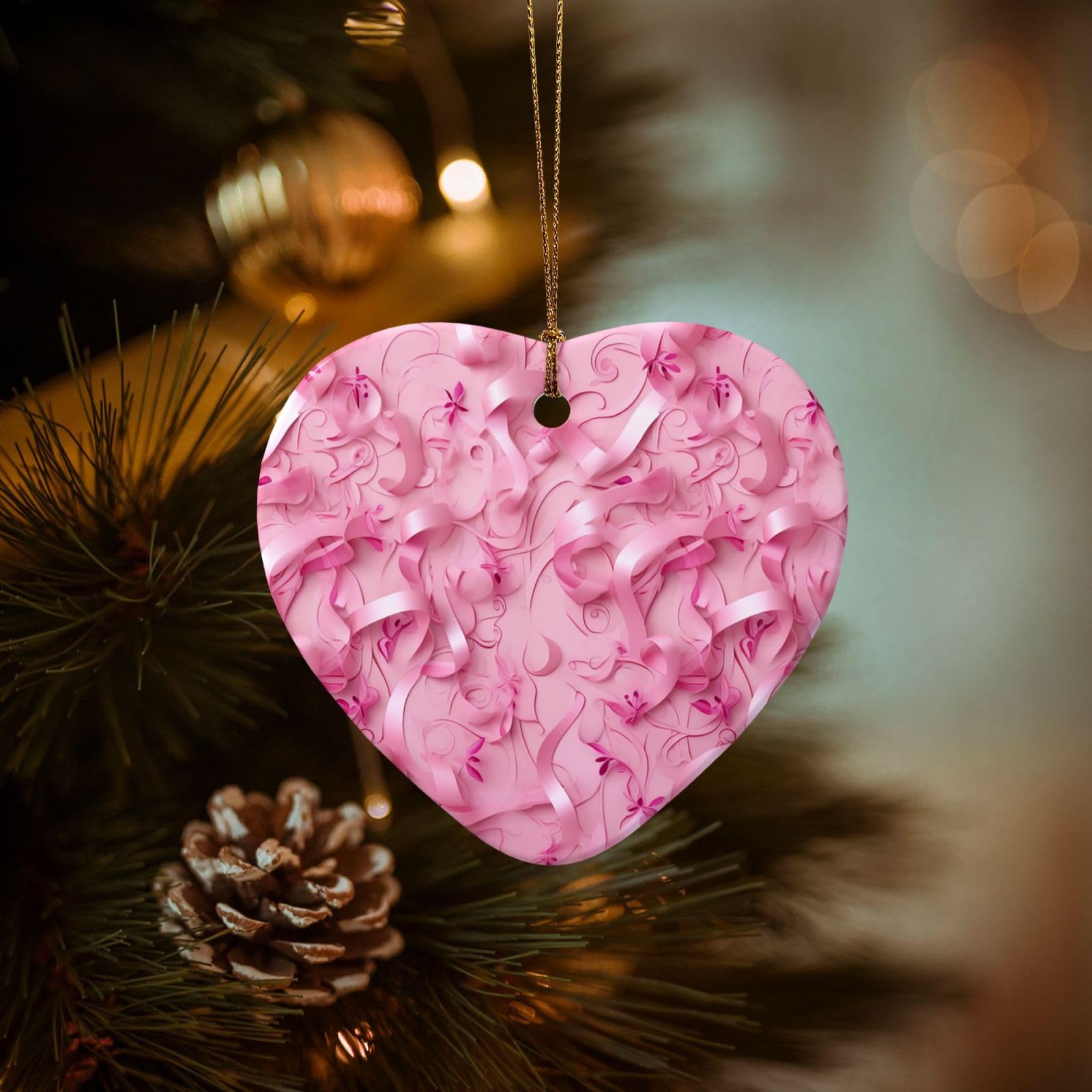 Christmas Ornaments for Christmas Tree Decoration Hanging Pink Ribbon Pattern Ornament with Gold Ribbon Crafts Heart Shape Ceramic Pendant for Keepsake Gifts Xmas Decor Party Supplies