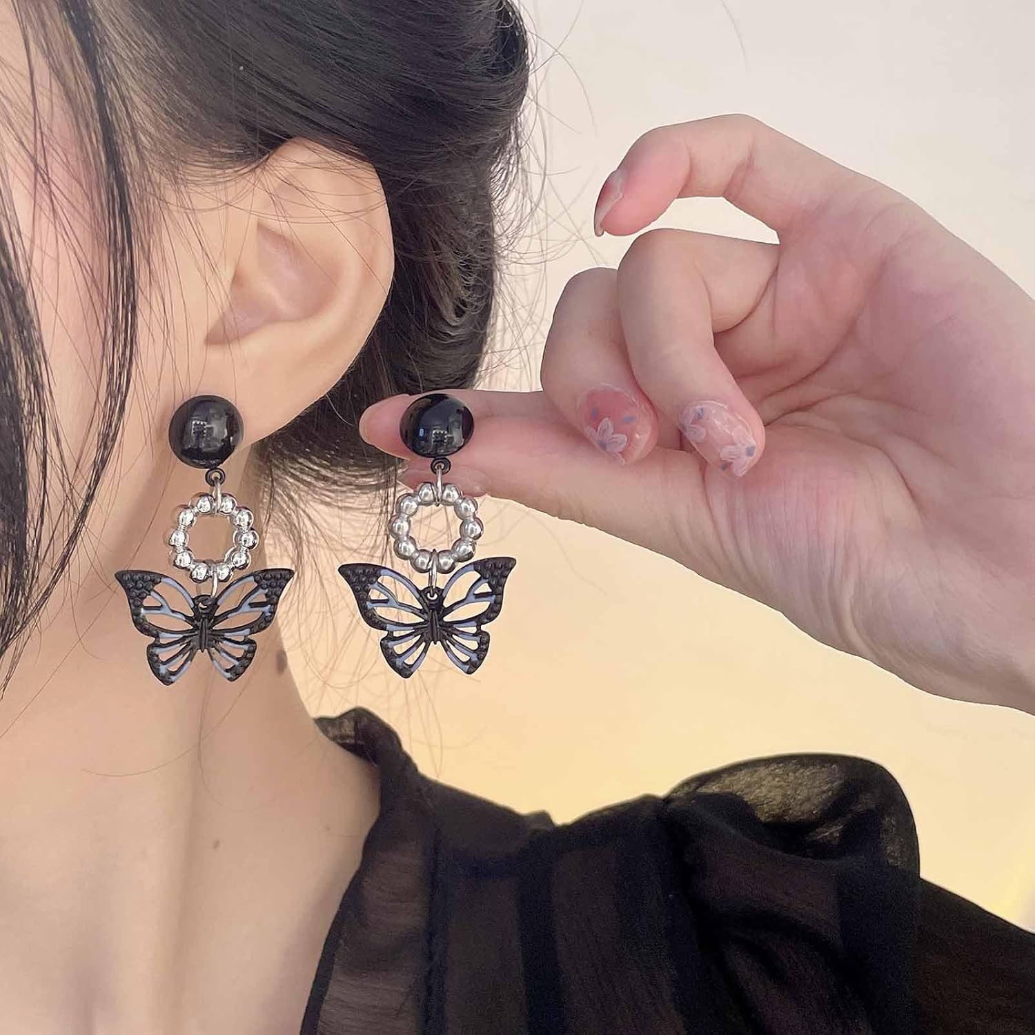 Boho Enamel Butterfly Earrings Black Butterfly Drop Earrings Vintage Onyx Round Stud Earrings Silver Circle Dangle Earrings Jewelry for Women - Image 2