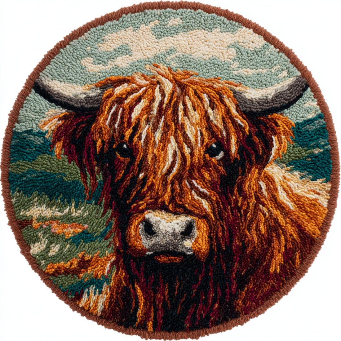 Rqwybcaxn DIY Latch Hook Rug Kit for Adults Animal Embroidery Kit Highland Cattle Portrait 50x50cm Round Pre-Printed Mesh Fabric Carpet Living Room Home Decor