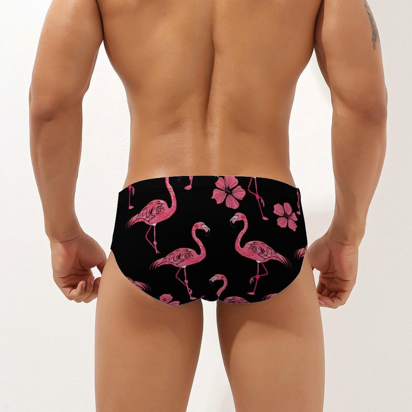 Flamingo Hibiscus Floral Mens Swim Briefs Bikini Swimwear Print Beach Shorts Sexy Swimsuit L