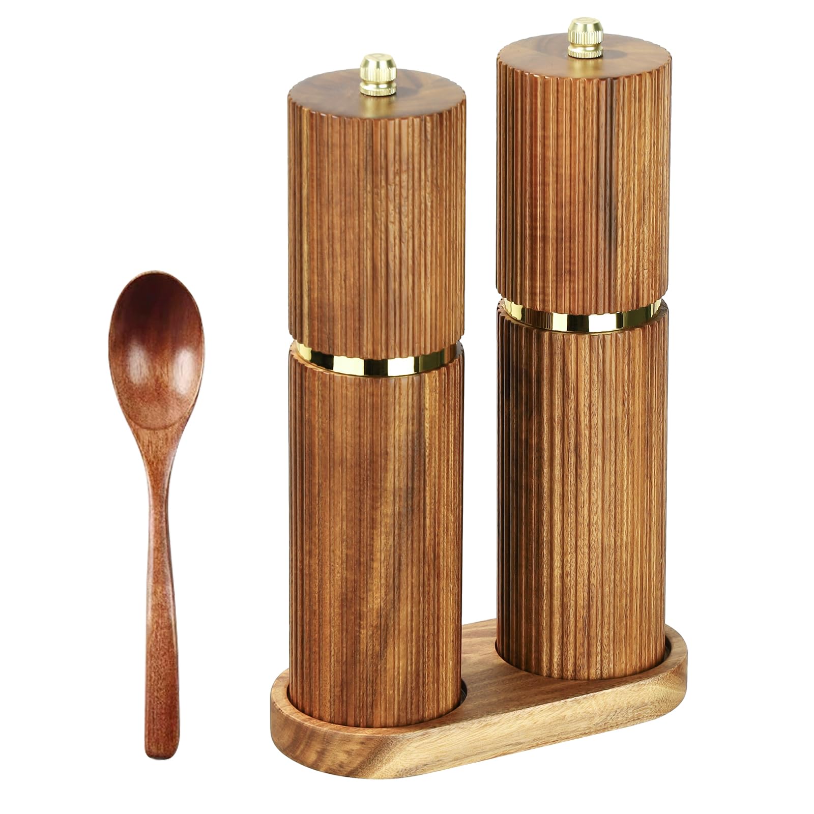 Salz und Pfeffermühle Holz Set,2 Gewürzmühlen aus Akazienholz,2er set Keramikmahlwerk Gewürzmühle mit untersetzer,Gewürzmühle Grinder mit verstellbarem Mahlwerk für Gewürze Pfeffer Salz 21cm