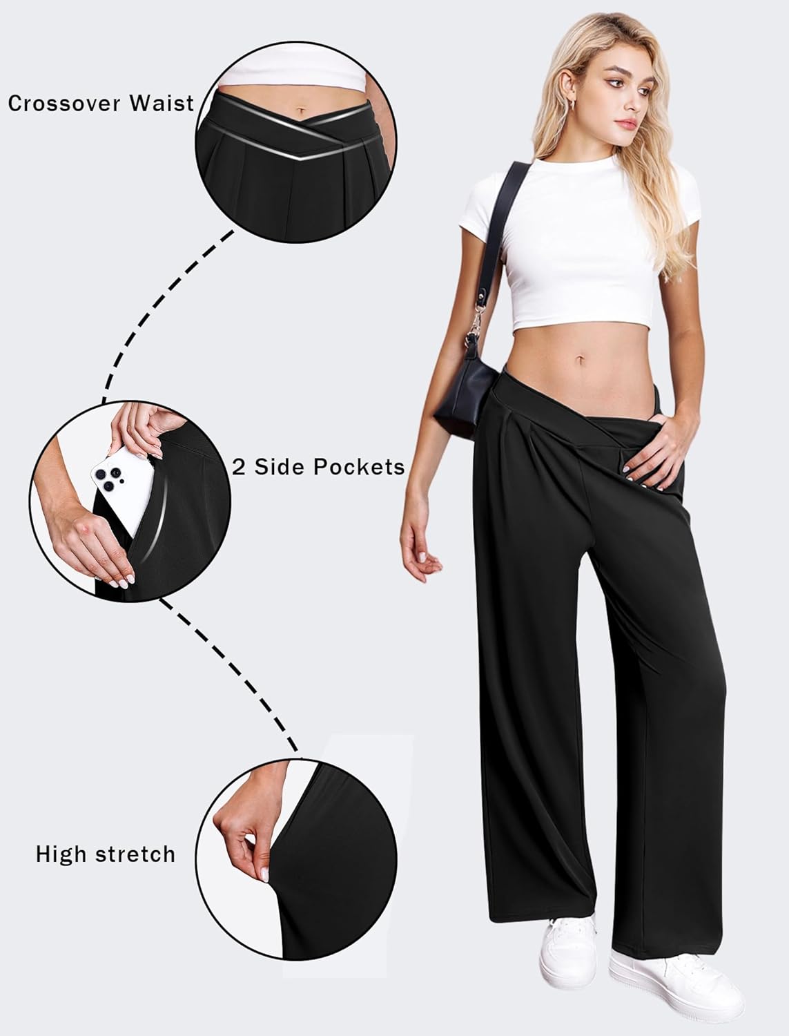 FireSwan Womens Wide Leg Work Pants Crossover Pleated Front Casual Slacks Flowy Palazzo Trousers with Pockets - Image 4