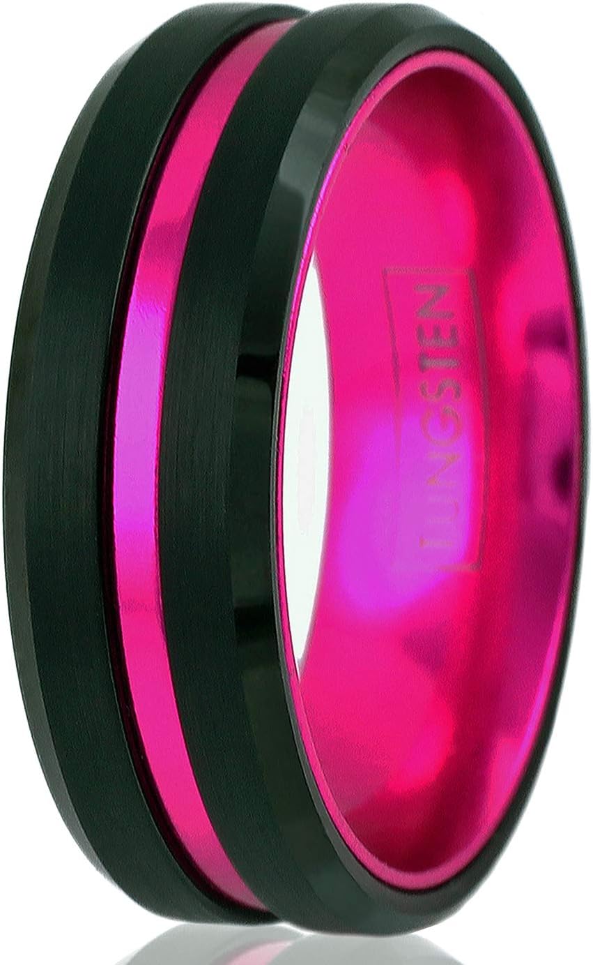 Fantabulous 6mm/8mm Brushed Satin Finish Black Tungsten Carbide Band Ring w/Hot Pink Stripe & Hot Pink Anodized Aluminum Inner Band feat. Comfort Fit.