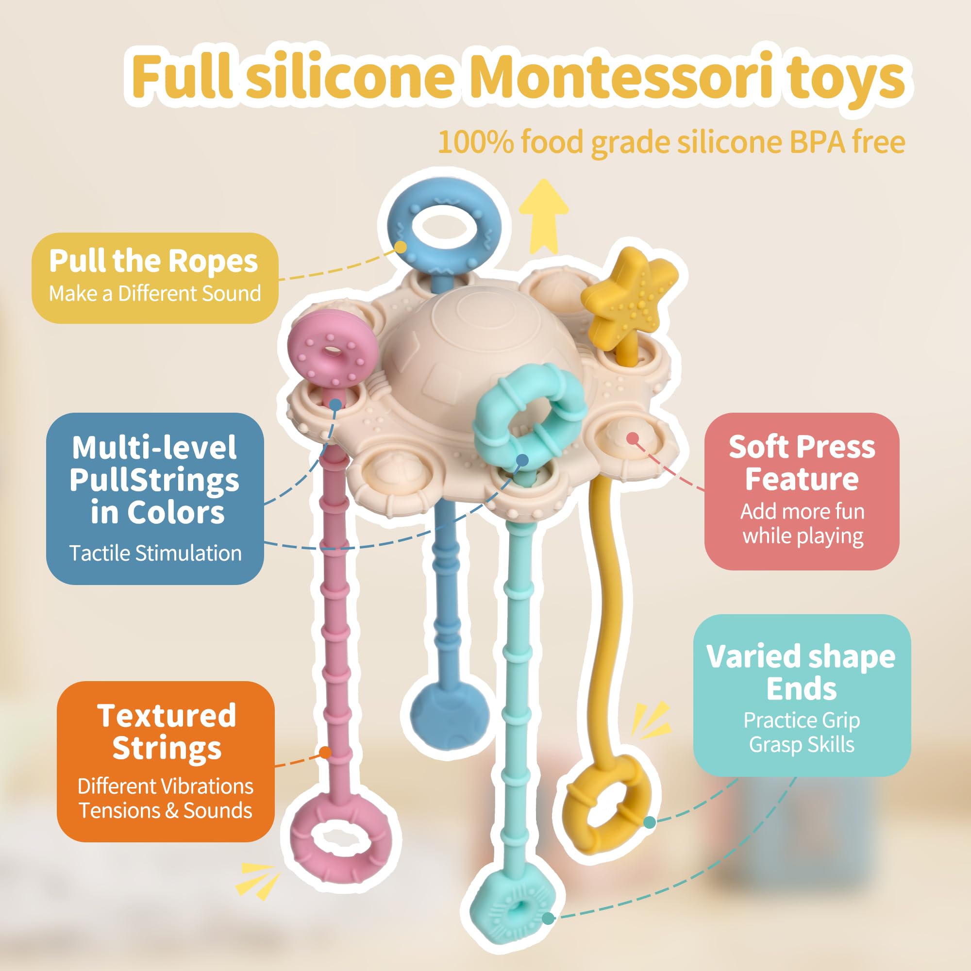 Montessori - Juguete de cuerda para bebés, juguete de desarrollo temprano de silicona de grado alimenticio, juguete de viaje para habilidades motoras finas, regalos sensoriales (color crema)