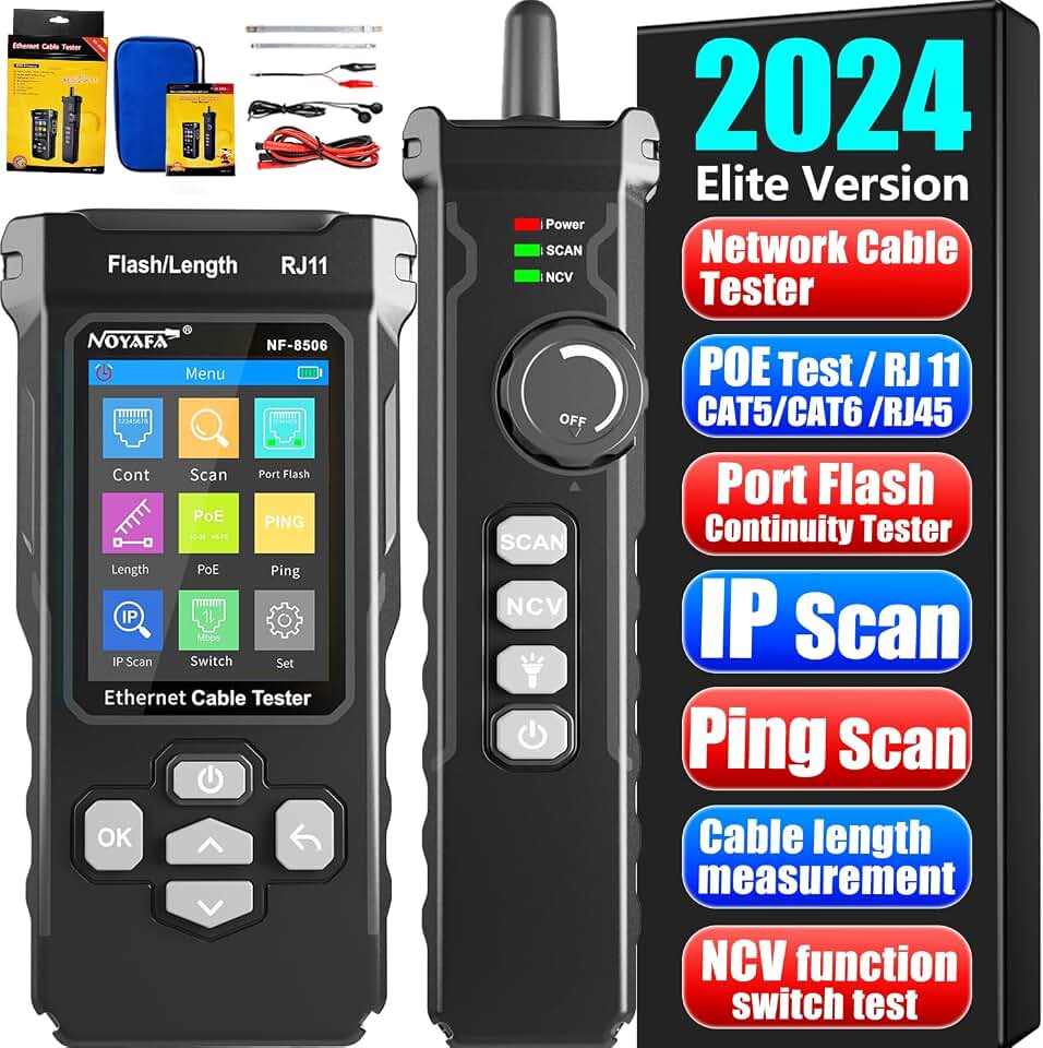 NOYAFA Testador de Cabo de Rede Nf-8506 com Varredura Ip, Teste de Taxa de Rede, Ncv, Poe, Ping, Tdr, Cat5 E Cat6, Testador de Cabo de Rede Para Cabo Ethernet Lan Rj11 E Rj45, Localizador de Cabo